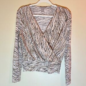 H&M Zebra Print Banded, Faux Wrap Top, Size S, Ivory, Camel & Black